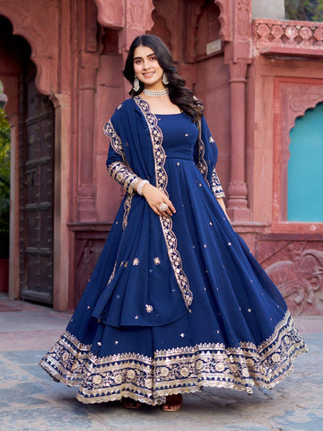 Sapphire Blue Anarkali Suit Set for Women - Georgette Kurta with Dupatta