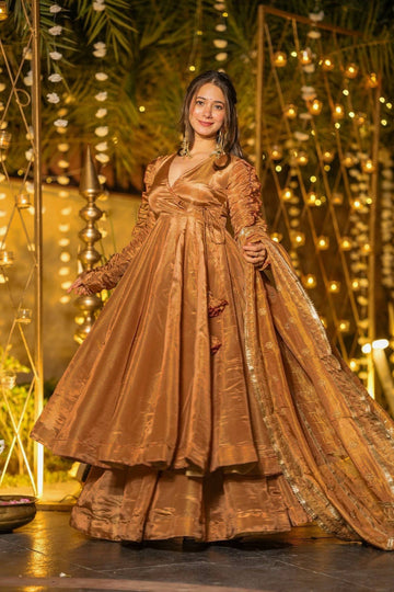 Bronze Anarkali Suit Set for Women - Fendy Silk Kurta with Dupatta