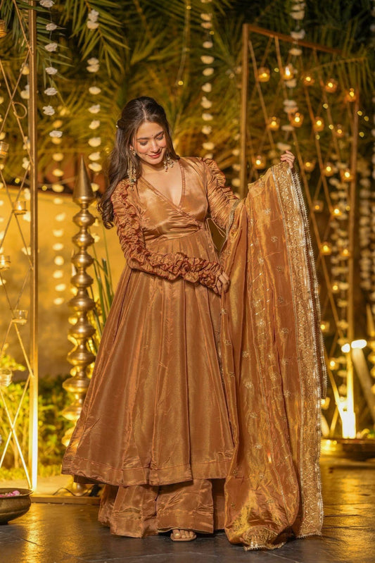 Bronze Anarkali Suit Set for Women - Fendy Silk Kurta with Dupatta