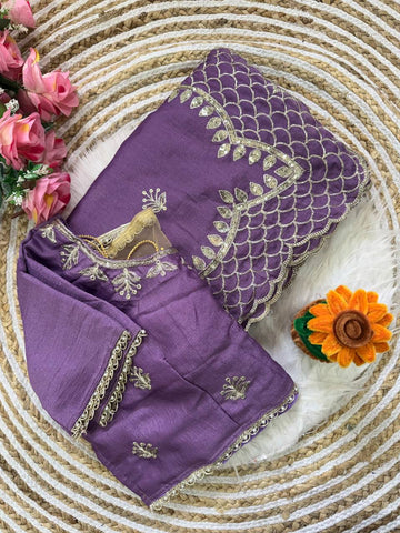 Royal Purple Premium Vichitra Silk Saree with Zari Thread, 3mm Sequin C-Pallu