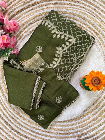 Olive Green Premium Vichitra Silk Saree with Zari Thread, 3mm Sequin C-Pallu