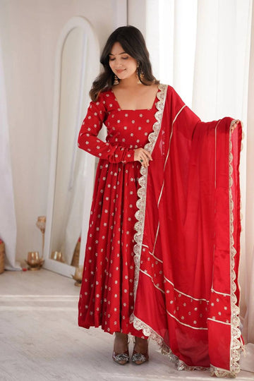 Heavy Maxi Anarkali Suit Set for Women - Chinon Silk Kurta with Dupatta