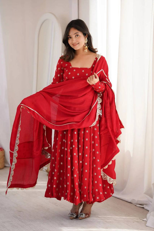 Heavy Maxi Anarkali Suit Set for Women - Chinon Silk Kurta with Dupatta