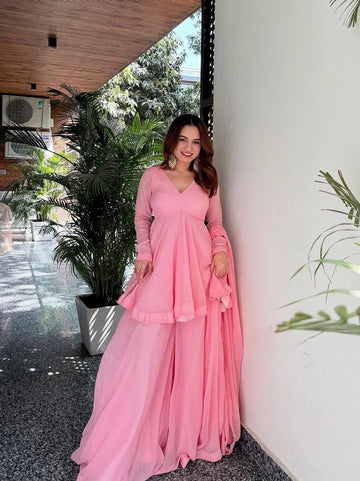 Designer Baby Pink Flared Top With Sarara And Dupatta For Function