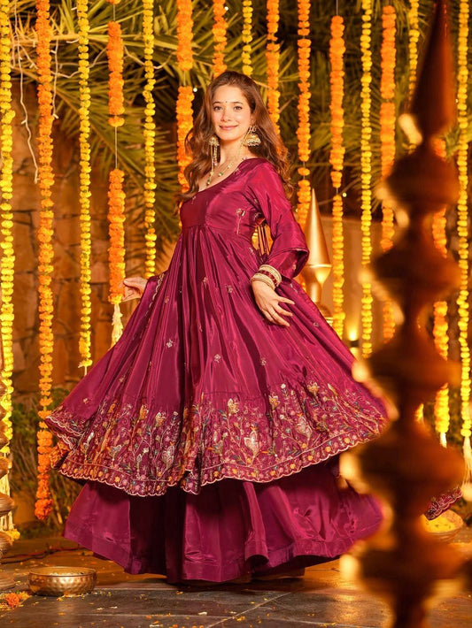 Red Anarkali Suit Set for Women - Natural Crep Silk with Dupatta