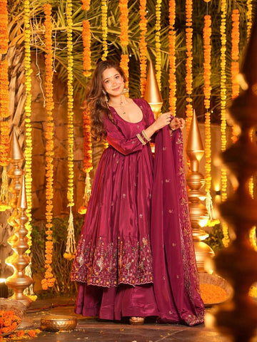 Red Anarkali Suit Set for Women - Natural Crep Silk with Dupatta