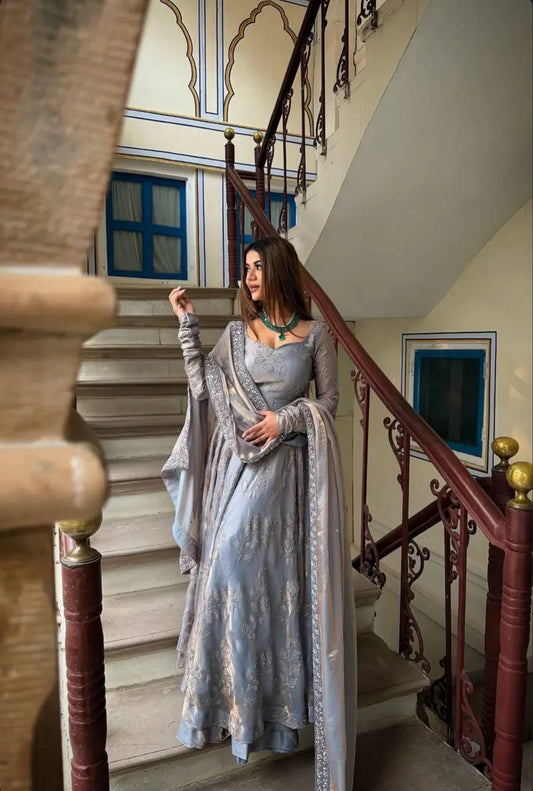 Grey and Golden Maxi Anarkali Suit Set for Women with Dupatta
