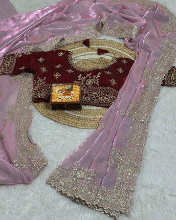 Light Pink Pure Fancy Satin Saree with Wine Maroon Embroidered Stitched Blouse