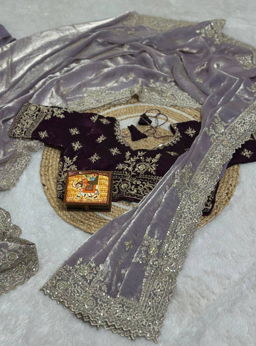 Dusty Lavender Pure Fancy Satin Saree with Dark Purple Embroidered Stitched Blouse