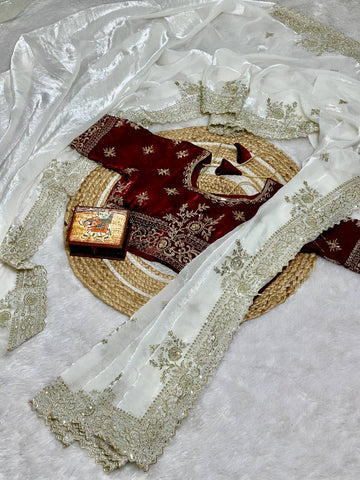 Off-White Pure Fancy Satin Saree with Maroon Red Embroidered Stitched Blouse