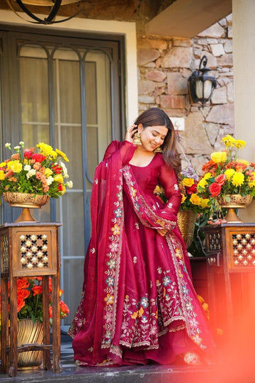 Rani Pink Traditional Anarkali Suit Set for Women with Sequence Work