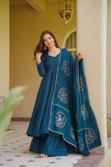 Regal Motif Anarkali Suit Set for Women - Vichitra Silk Kurta with Dupatta