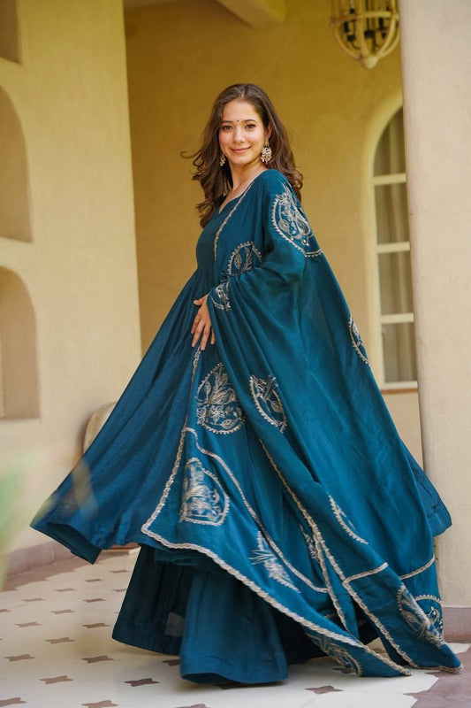 Regal Motif Anarkali Suit Set for Women - Vichitra Silk Kurta with Dupatta
