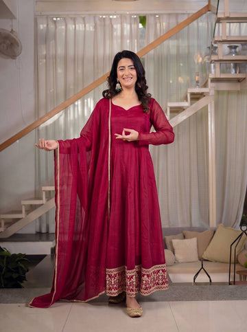 Mystique Heavy Anarkali Suit Set for Women - Crunchy Silk Kurta with Dupatta