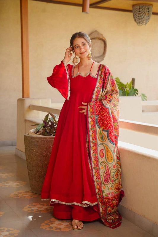 Royal Red Anarkali Suit Set for Women - Tabby Silk Kurta with Printed Dupatta