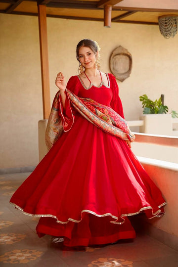 Royal Red Anarkali Suit Set for Women - Tabby Silk Kurta with Printed Dupatta