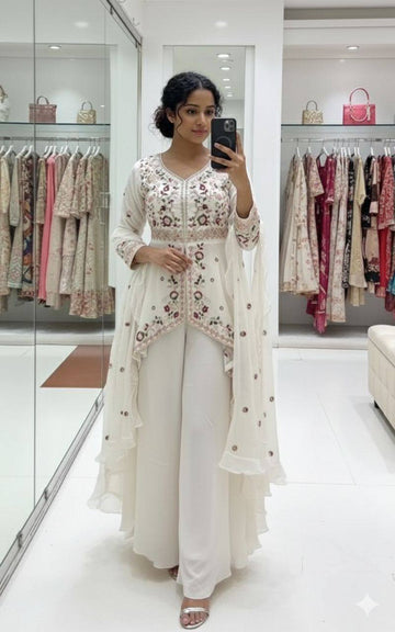 Designer Indo-Western sharara Suit Set for Women Sequin Embroidered Rangoli Silk Outfit with Dupatta | Party Wear for Wedding, Sangeet & Farewell