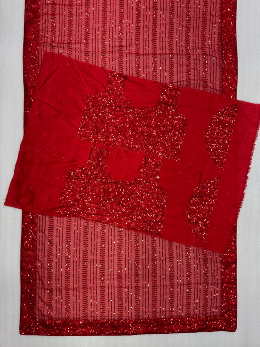 Red Linear Sequence Embroidered Party Wear Saree