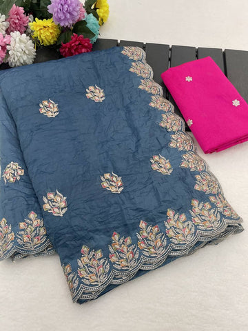 Slate Blue Premium Gold Crush Silk Saree with Multi-Thread C-Pallu Embroidery & Arch Cutwork Border