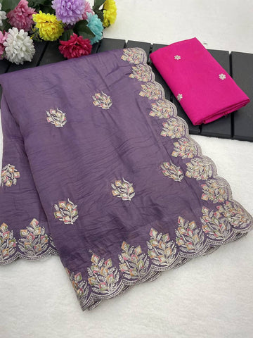 Dusty Purple Premium Gold Crush Silk Saree with Multi-Thread C-Pallu Embroidery & Arch Cutwork Border