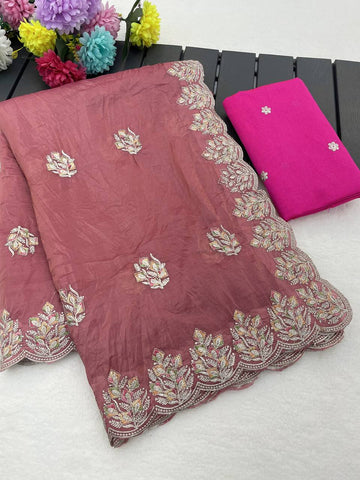Muted Rose Pink Premium Gold Crush Silk Saree with Multi-Thread C-Pallu Embroidery & Arch Cutwork Border