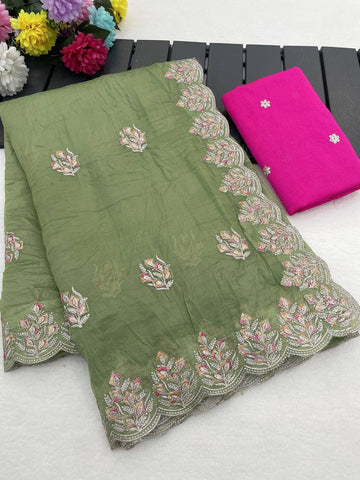 Sage Green Premium Gold Crush Silk Saree with Multi-Thread C-Pallu Embroidery & Arch Cutwork Border