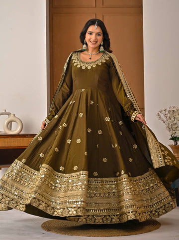 Green Flared Anarkali Suit Set for Women - Vichitra Silk with Dupatta