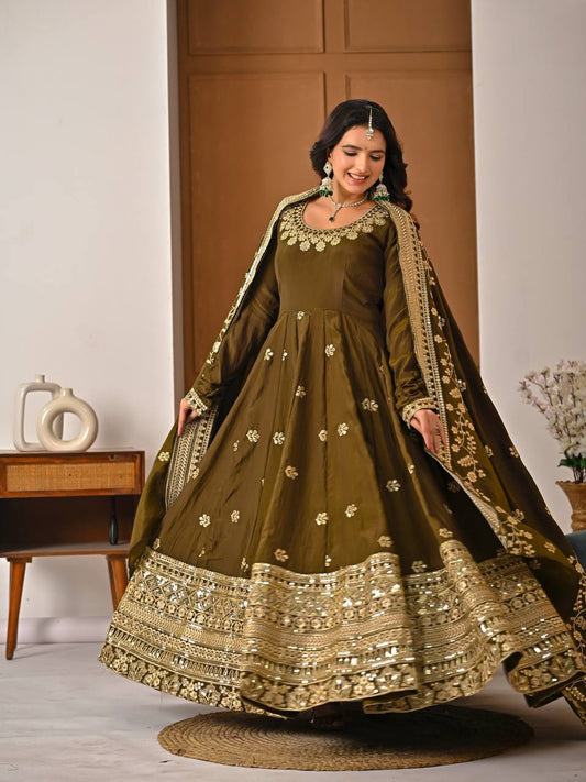 Green Flared Anarkali Suit Set for Women - Vichitra Silk with Dupatta