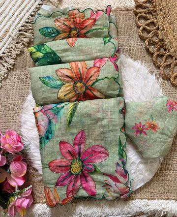 Premium Soft Linen Silk Saree With Digital Print And Khatli Work