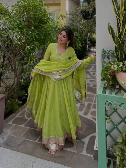 Lime Green Anarkali Suit Set for Women - Organza Silk Kurta with Dupatta