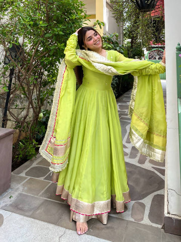 Lime Green Anarkali Suit Set for Women - Organza Silk Kurta with Dupatta