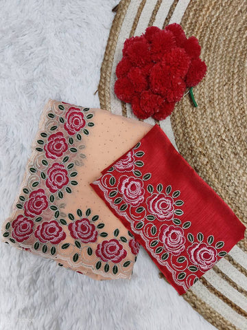 Peach Soft Georgette Floral Embroidery Saree with Red Embroidered & Plain Double Blouse