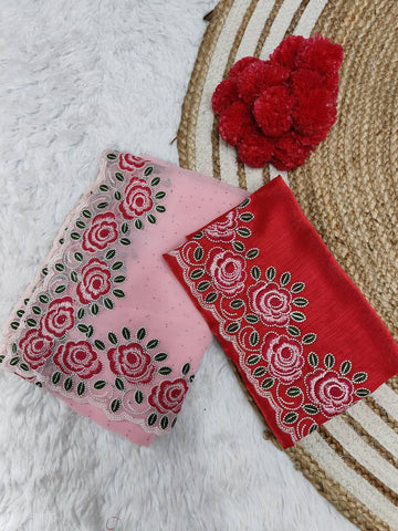 Baby Pink Soft Georgette Floral Embroidery Saree with Red Embroidered & Plain Double Blouse