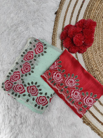Mint Green Soft Georgette Floral Embroidery Saree with Red Embroidered & Plain Double Blouse