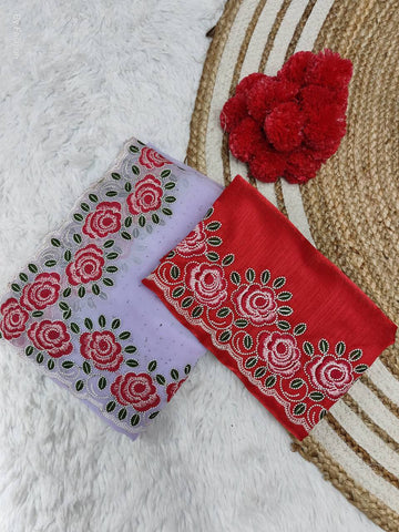 Lavender Soft Georgette Floral Embroidery Saree with Red Embroidered & Plain Double Blouse