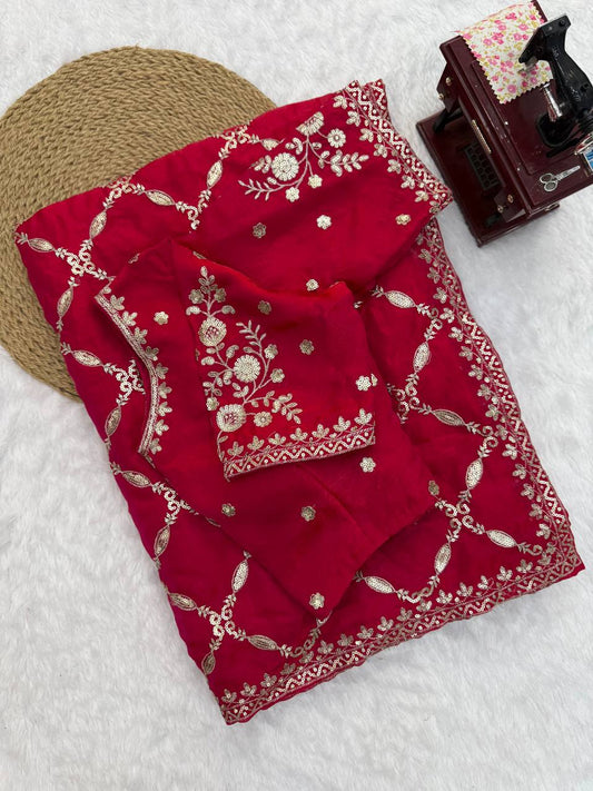 Designer Pink Fandy Silk All Over Embroidery Work Saree
