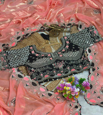 Peach Coral Pure Fancy Satin Saree with Black Real Mirror Stitched Blouse