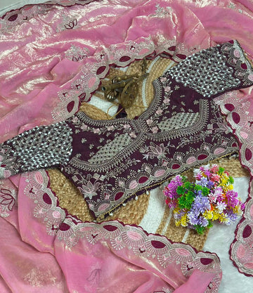 Dusty Pink Pure Fancy Satin Saree with Wine Maroon Real Mirror Stitched Blouse