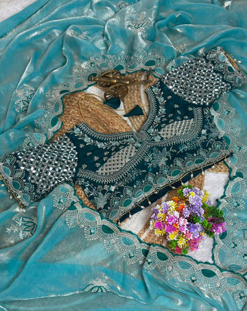 Sky Blue Pure Fancy Satin Saree with Teal Green Real Mirror Stitched Blouse