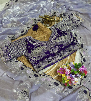 Lavender Purple Pure Fancy Satin Saree with Deep Purple Real Mirror Stitched Blouse