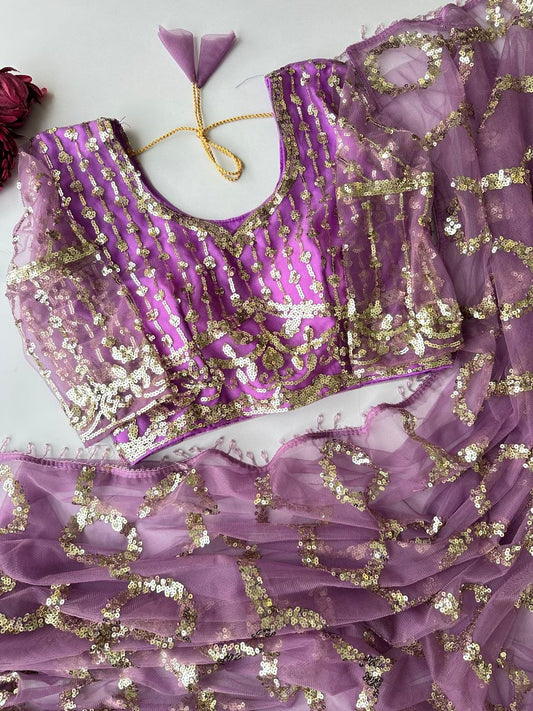 Lilac Purple Net Saree with Gold Circular Sequin Work