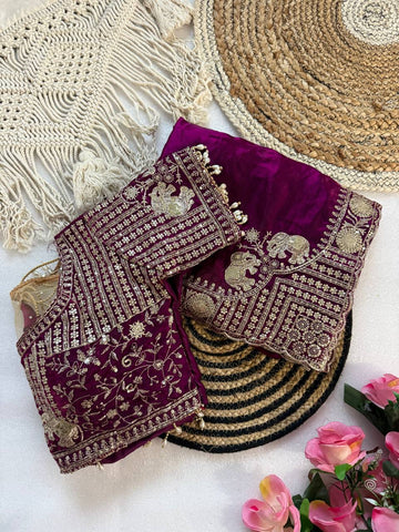Wine Purple Pure Fancy Satin Saree with Elephant Embroidery & Real Mirror Stitched Blouse