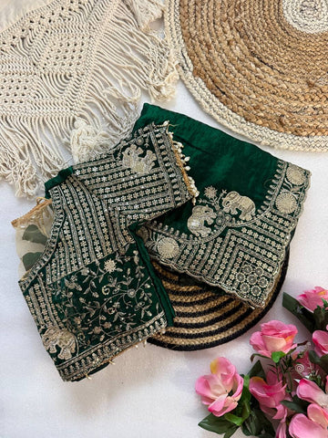 Bottle Green Pure Fancy Satin Saree with Elephant Embroidery & Real Mirror Stitched Blouse