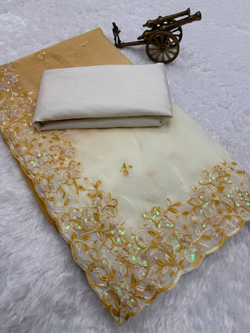 Gold Shaded Premium Crunchy Padding Saree with Multi Thread Embroidery & Arco Cutwork Border