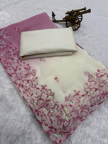 Pink Shaded Premium Crunchy Padding Saree with Multi Thread Embroidery & Arco Cutwork Border