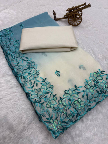 Teal Shaded Premium Crunchy Padding Saree with Multi Thread Embroidery & Arco Cutwork Border