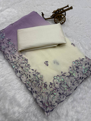Purple Shaded Premium Crunchy Padding Saree with Multi Thread Embroidery & Arco Cutwork Border