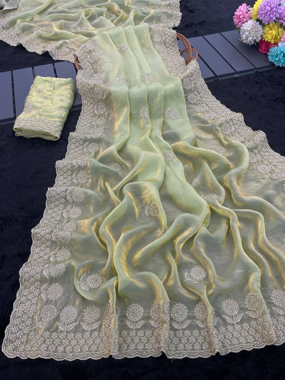 Pista Green Premium Fancy Satin Saree with Bits Embroidery & All-Over Butta Work