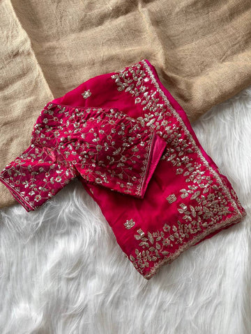 Rani Pink Pure Soft Fandy Satin Silk Saree with All-Over Floral Sequence Embroidery & Multi Border Aarco Work
