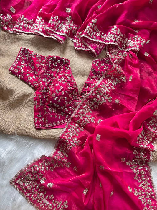 Rani Pink Pure Soft Fandy Satin Silk Saree with All-Over Floral Sequence Embroidery & Multi Border Aarco Work